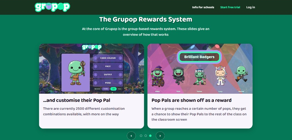 Welcome page carousel showing two captioned Grupop Rewards System slides
